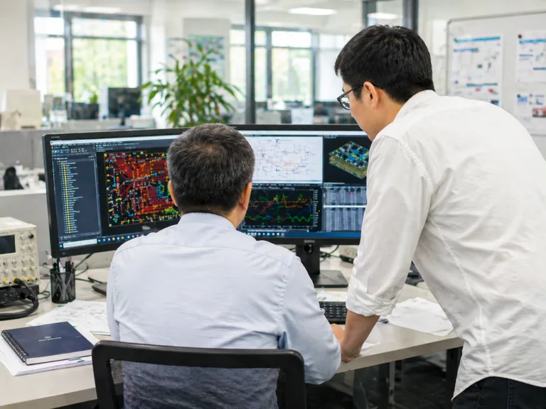 Engineers reviewing high frequency PCB layout and signal integrity data