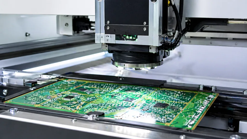 Automated optical inspection machine verifying PCB quality and printed circuit board manufacturing accuracy