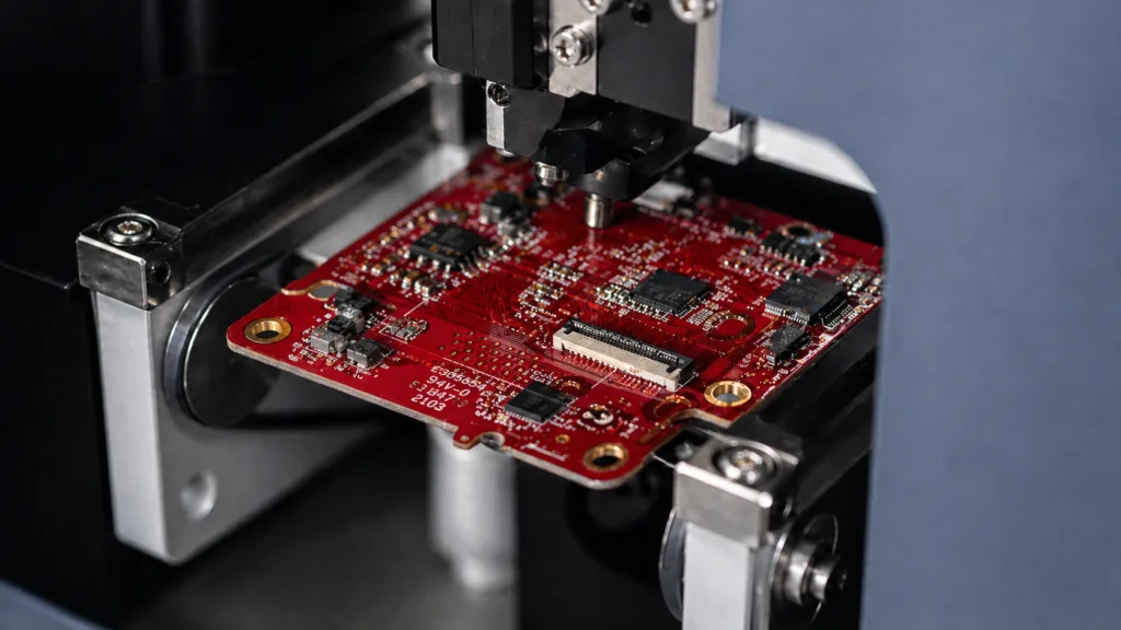 Red PCB assembly being tested by automated precision inspection equipment in an electronics manufacturing process