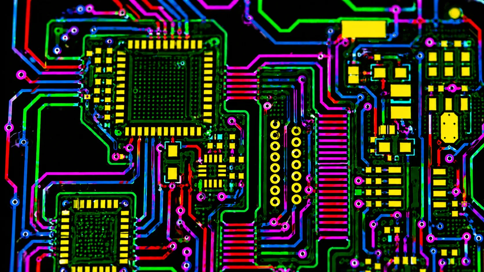 Close-up of multilayer PCB routing with colorful circuit traces and vias for advanced electronics manufacturing