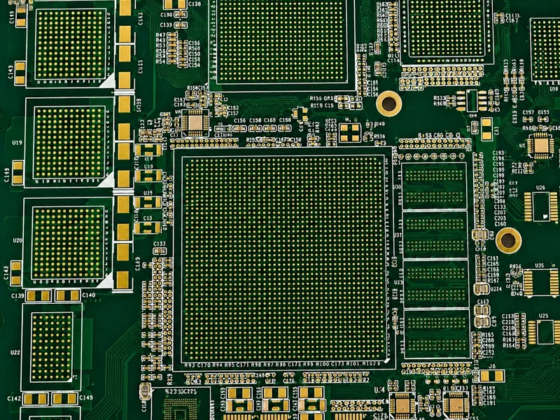 Constraint-driven PCB layout section with a close-up green circuit board image and text describing PCB layout design services using advanced software such as Altium Designer.