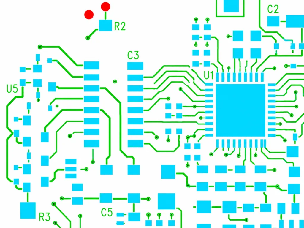 PCB layout design showing circuit traces, electronic component pads, and microchip footprint