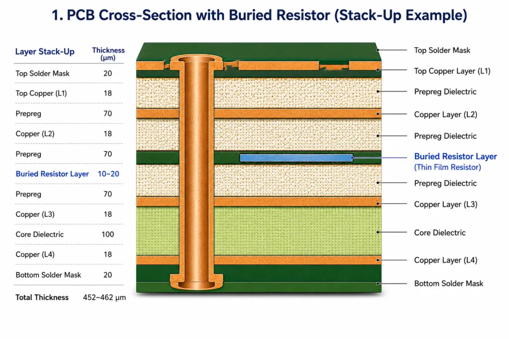 multilayer buried resistance PCB stack-up with embedded thin-film resistor and internal copper layers