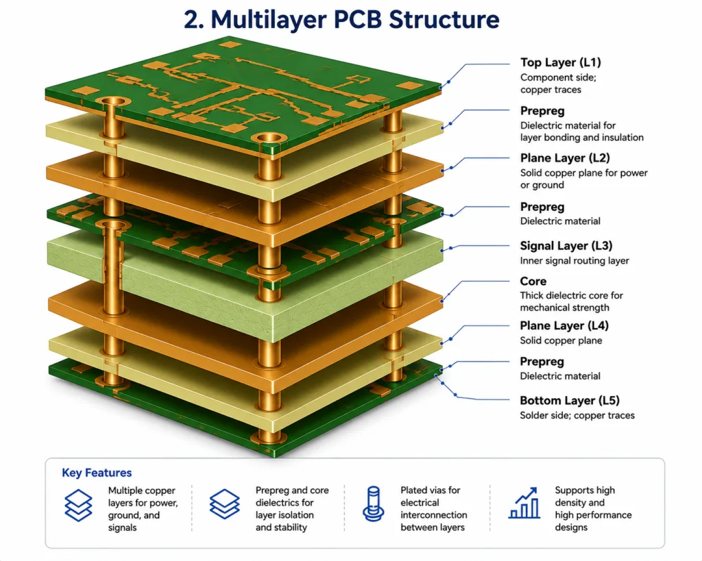 multilayer PCB stack-up structure with copper layers, prepreg, core materials, and plated vias