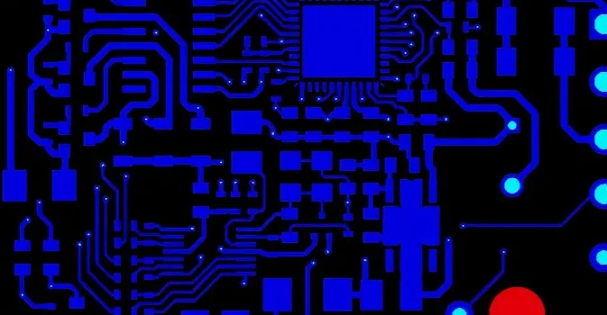 PCB layout engineering review with component placement, routed traces, and plated vias
