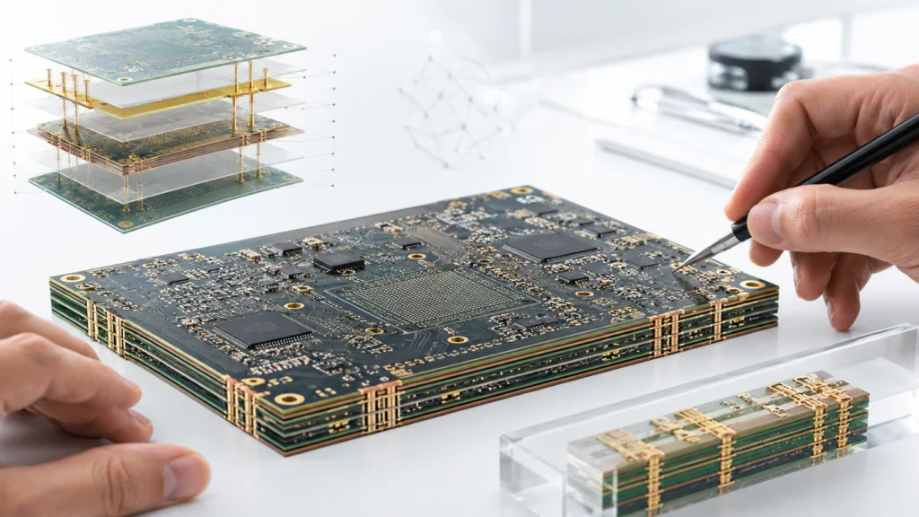 Engineer reviewing HDI PCB stack-up, material selection, and manufacturability for high-density circuit board production