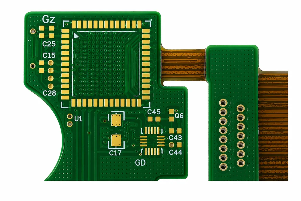 Close-up flexible PCB circuit board with solder mask, gold-plated pads, fine copper traces, and integrated flex ribbon connection on white background