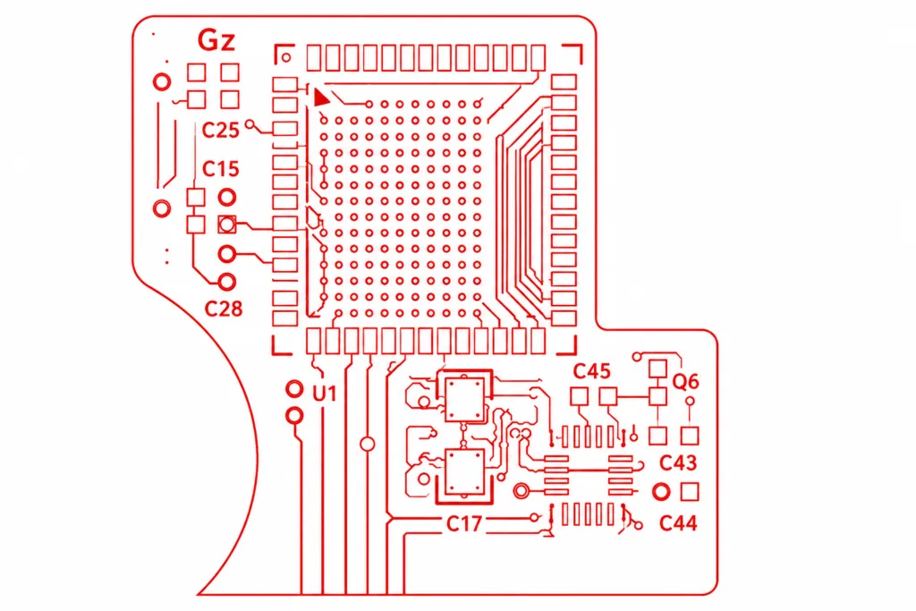 Red PCB circuit layout illustration with detailed electronic traces and component routing beside engineering and manufacturing capability description