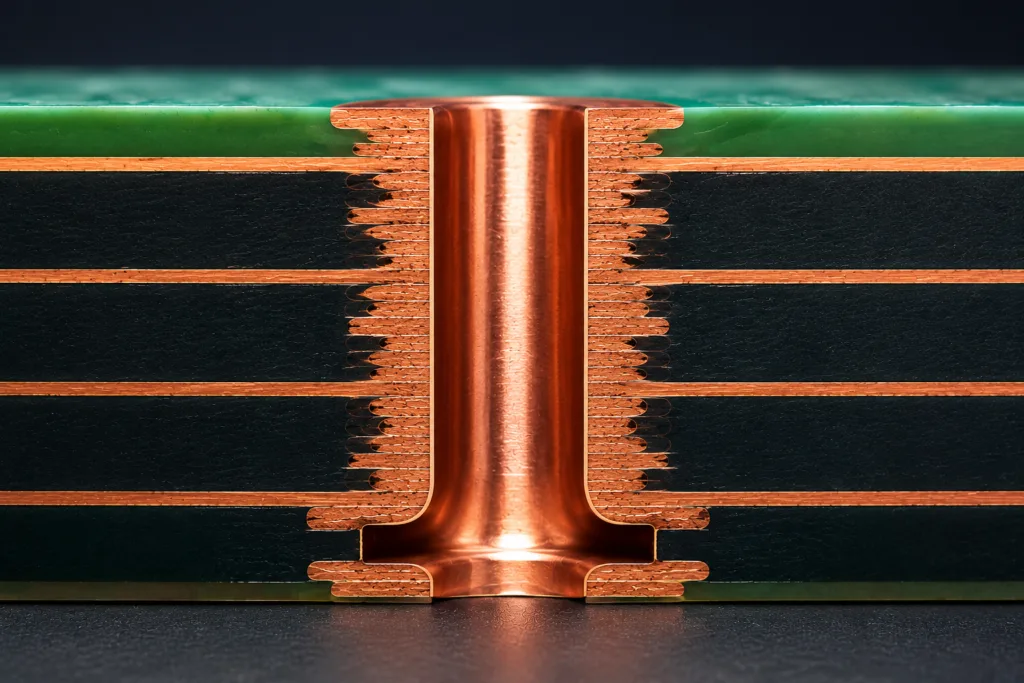 Copper filled via structure in a high-density PCB for compact components and reliable manufacturing