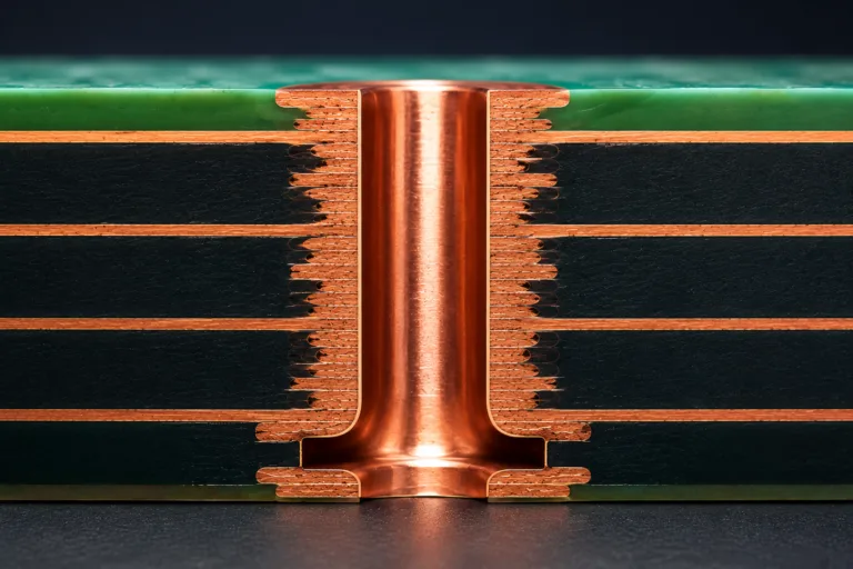 Copper-filled microvia cross-section connecting multilayer PCB layers