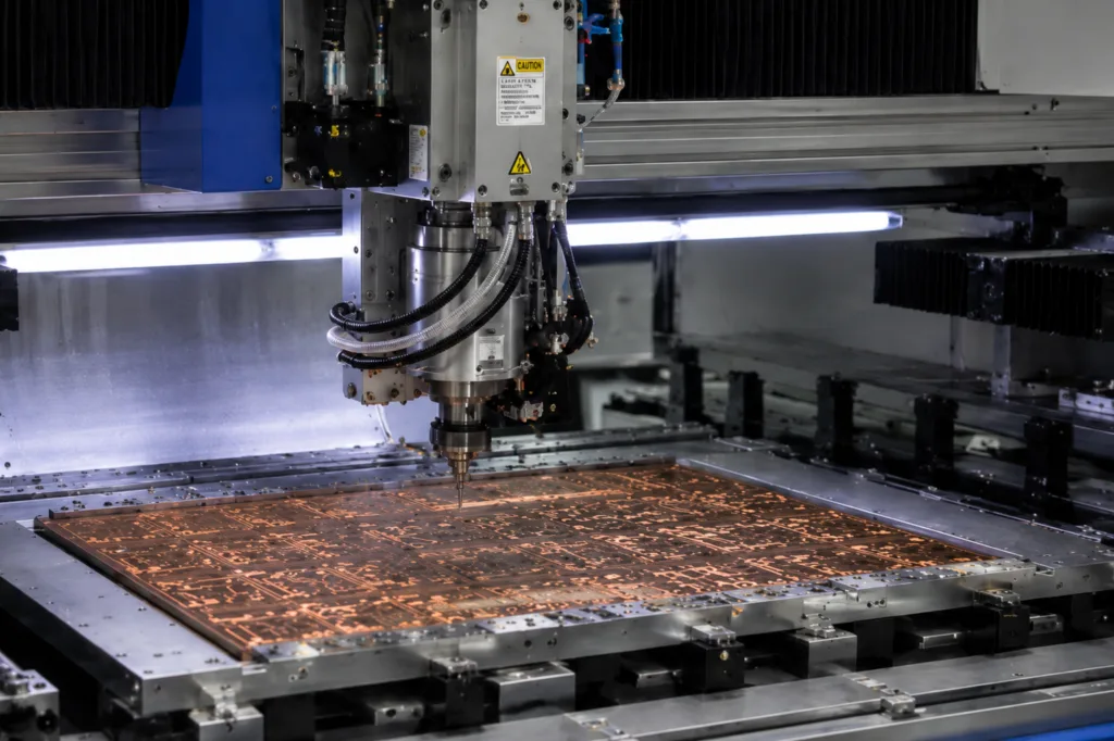 Close-up of PCB drilling and milling equipment used for RF microwave PCB fabrication