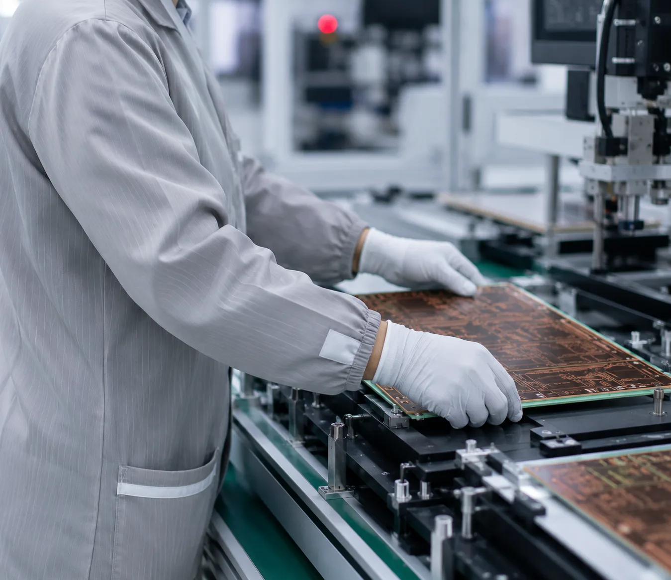 PCB manufacturing technician handling circuit boards in production