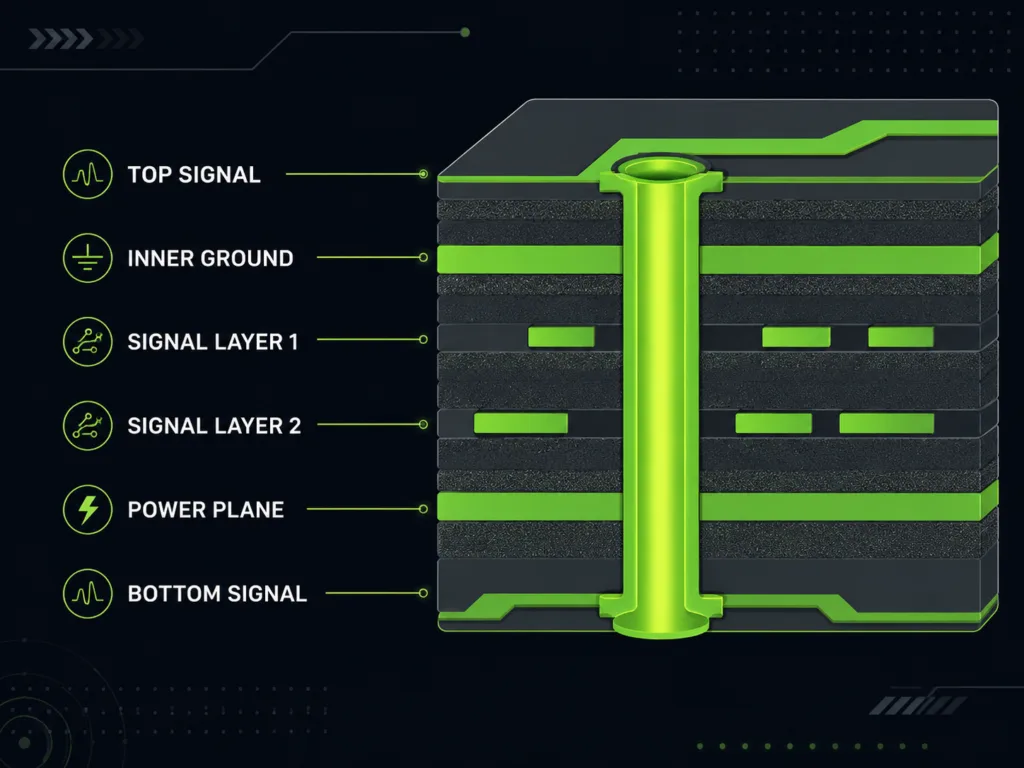 Multilayer PCB structure with plated through via, top signal layer, inner ground layer, power plane, and bottom signal layer