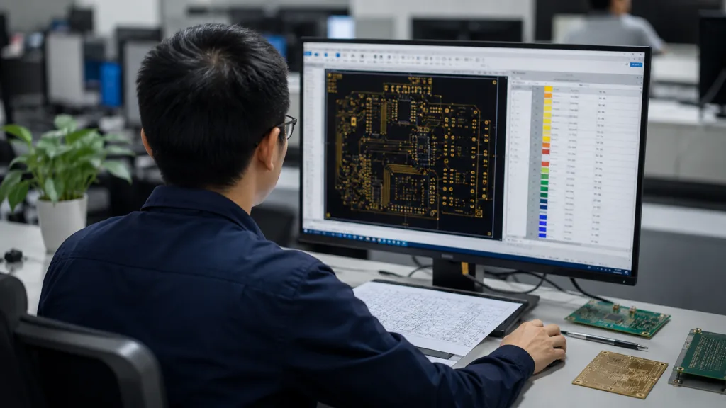 engineer reviewing high-frequency PCB Gerber files for RF microwave PCB quotation