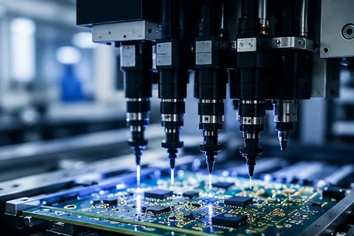Close-up of a rigid-flex PCB showing detailed routing and micro vias