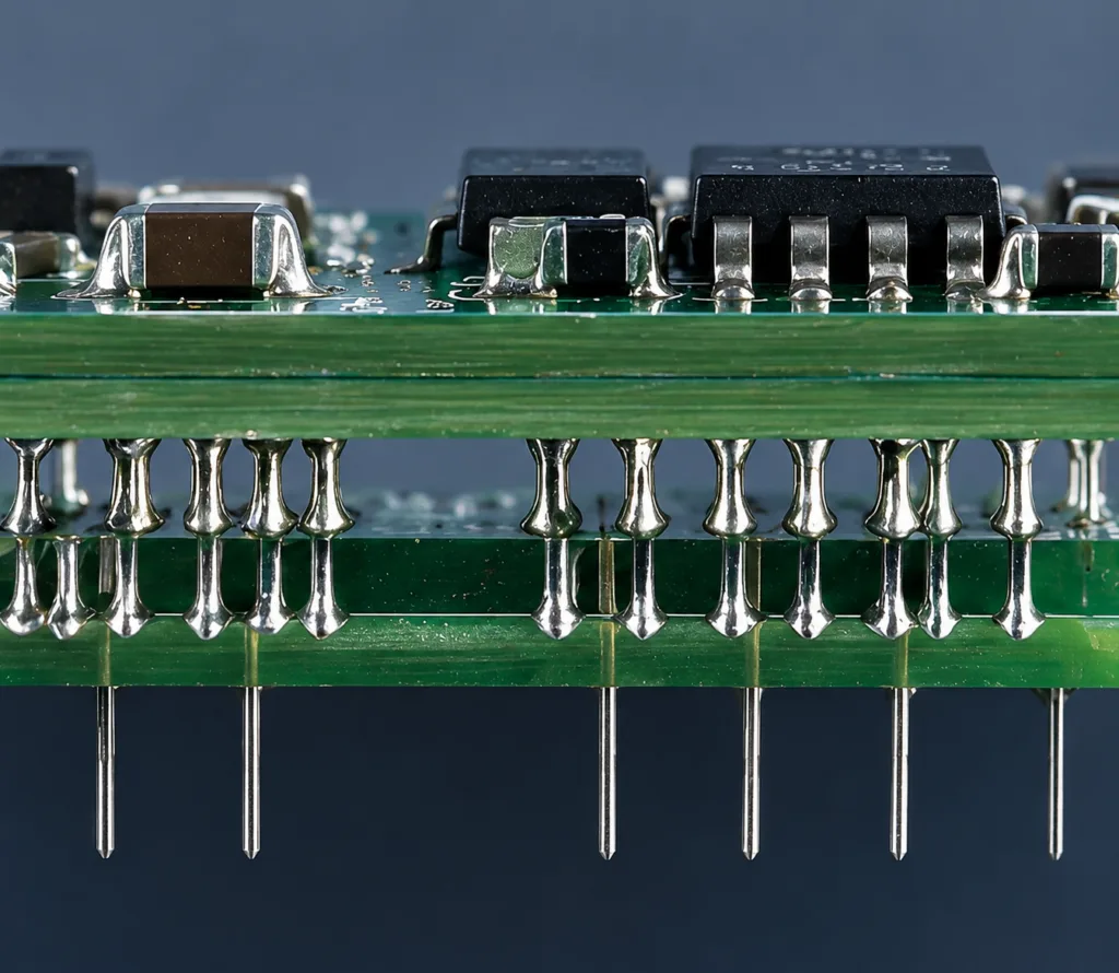 Through-hole solder joints on assembled printed circuit board