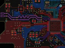 High frequency PCB layout detail showing controlled routing, plated vias, and nearby reference plane areas