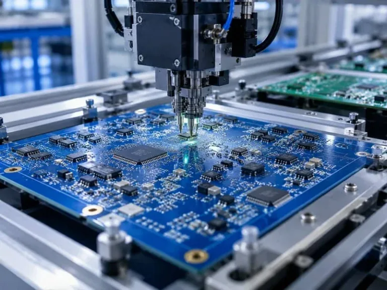 PCB prototype assembly process with SMT components on a blue circuit board