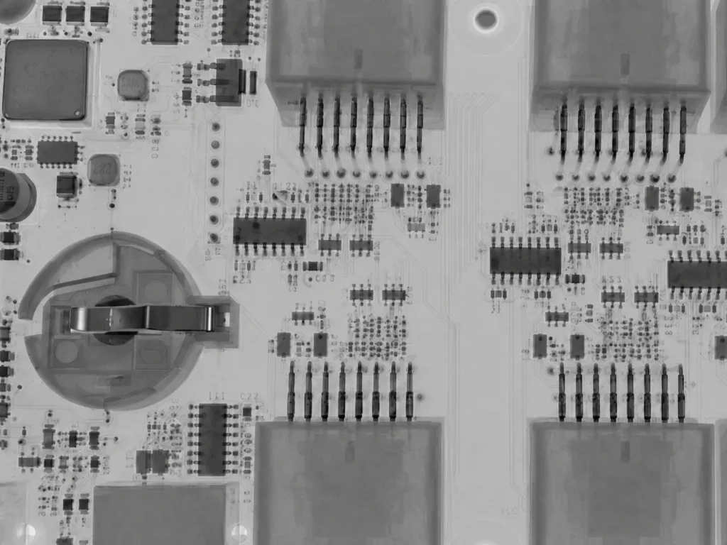 X-ray inspection image showing hidden solder joints on a PCB assembly