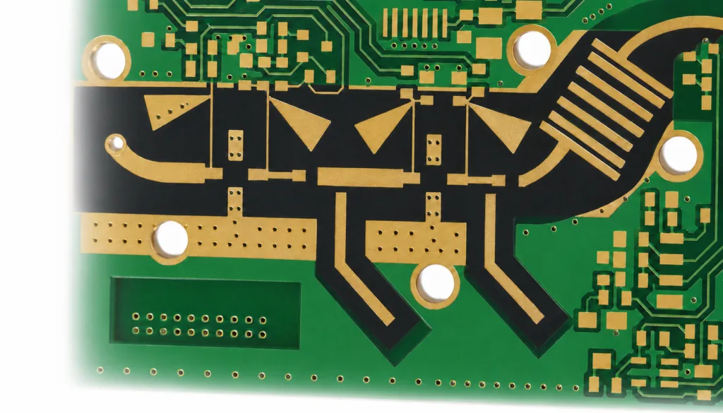 High frequency PCB with microstrip lines and impedance matching structures