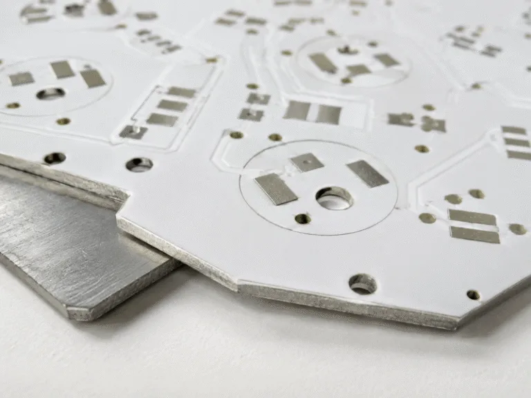 Close-up of a bare aluminum PCB with exposed metal substrate