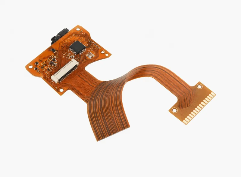 Exploded multilayer PCB structure showing copper layers, prepreg, core, and plated vias