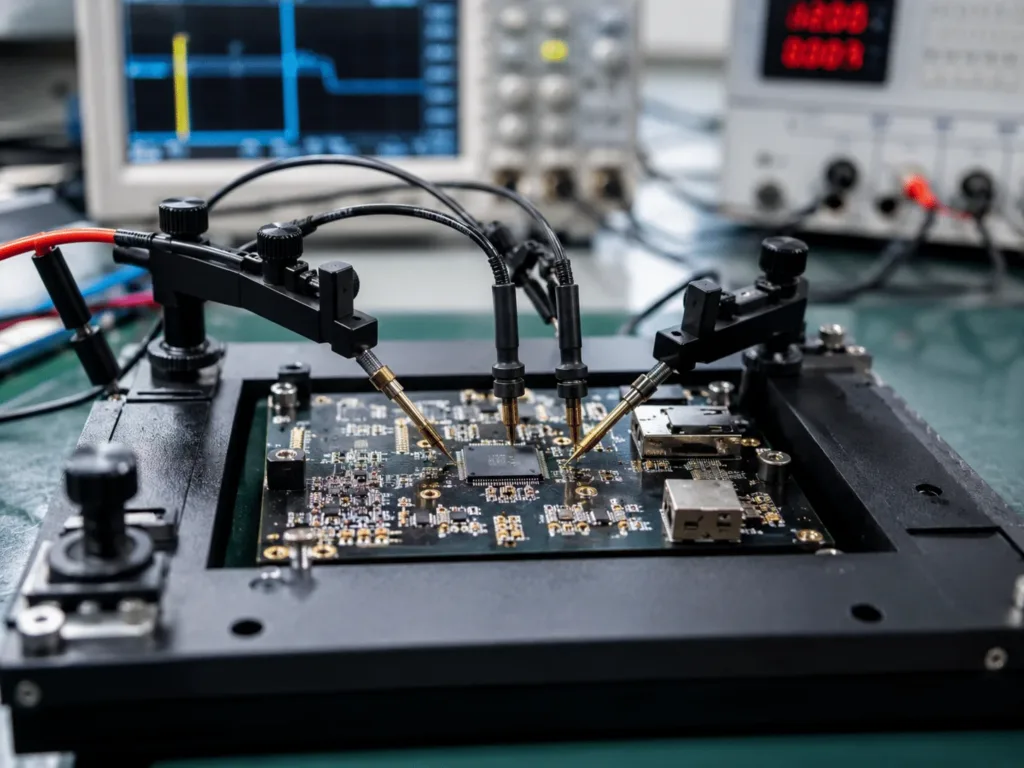 PCB assembly undergoing electrical testing with automated probes
