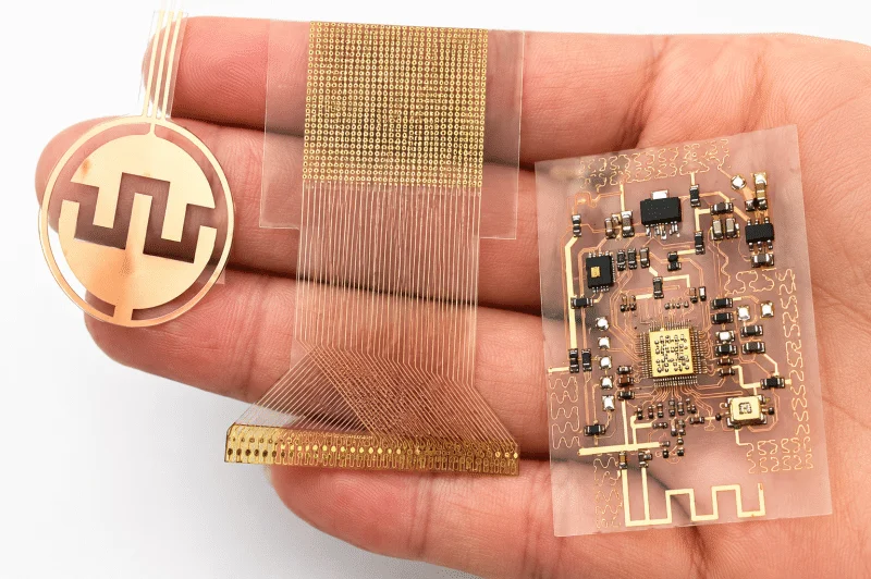 Flexible PCB samples with copper traces and mounted electronic components