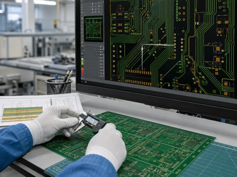 PCB trace width measurement and layout review at engineering workstation