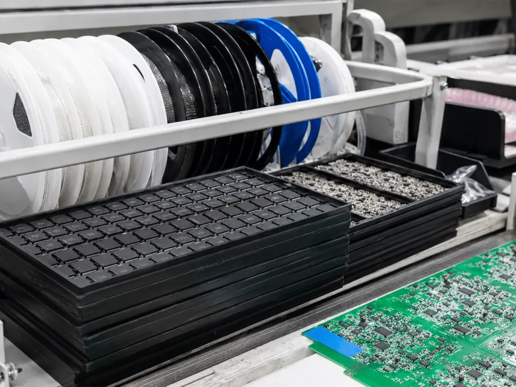 PCB manufacturing trays and assembled circuit boards for industrial applications