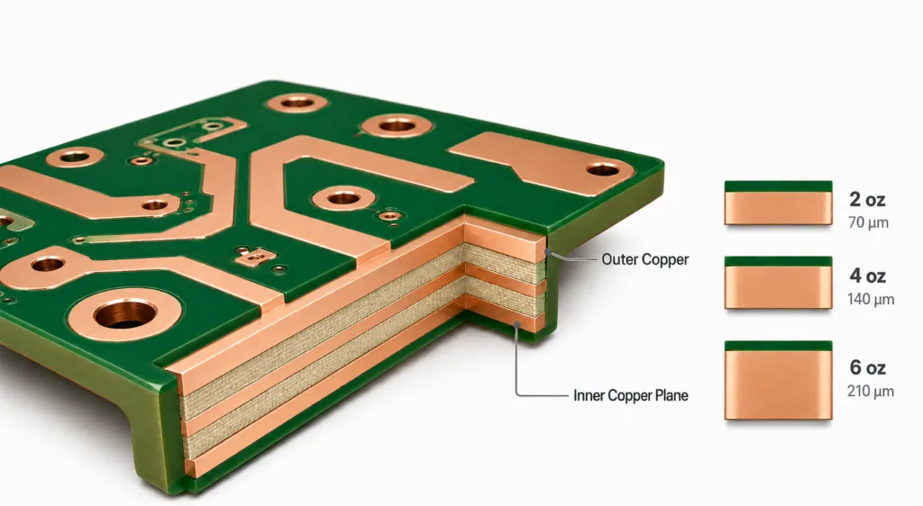 Heavy copper PCB with 2 oz to 6 oz copper layer cross-section