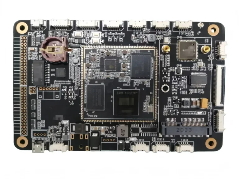 Assembled PCB with processor, connectors, and surface-mounted components