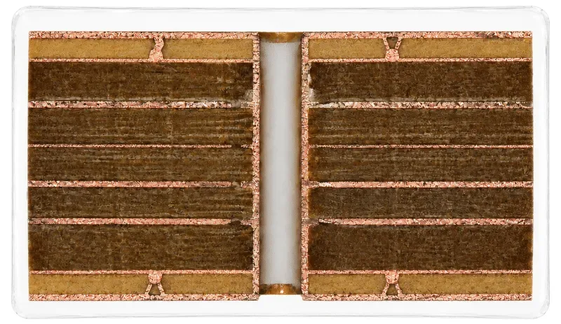 HDI PCB cross-section with sequential lamination and stacked microvias