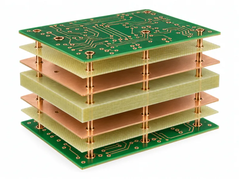 Exploded multilayer PCB with copper layers, dielectric core, and plated vias