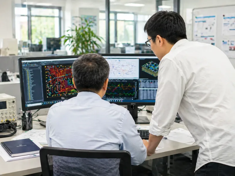 Engineers reviewing high frequency PCB layout and signal integrity data