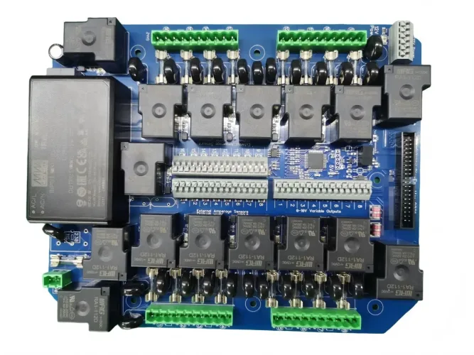 PCB assembly with relays, connectors, and power components