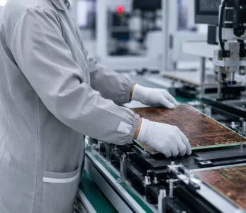 PCB manufacturing technician handling circuit boards in production