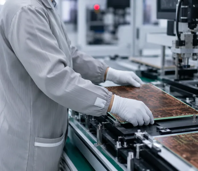 PCB manufacturing technician handling circuit boards in production