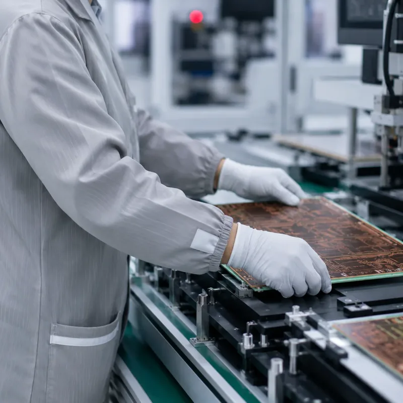 PCB manufacturing technician handling circuit boards in production